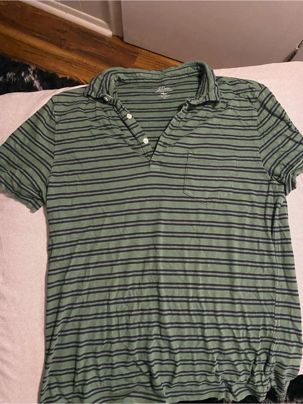 green and navy J.Crew striped polo shirt